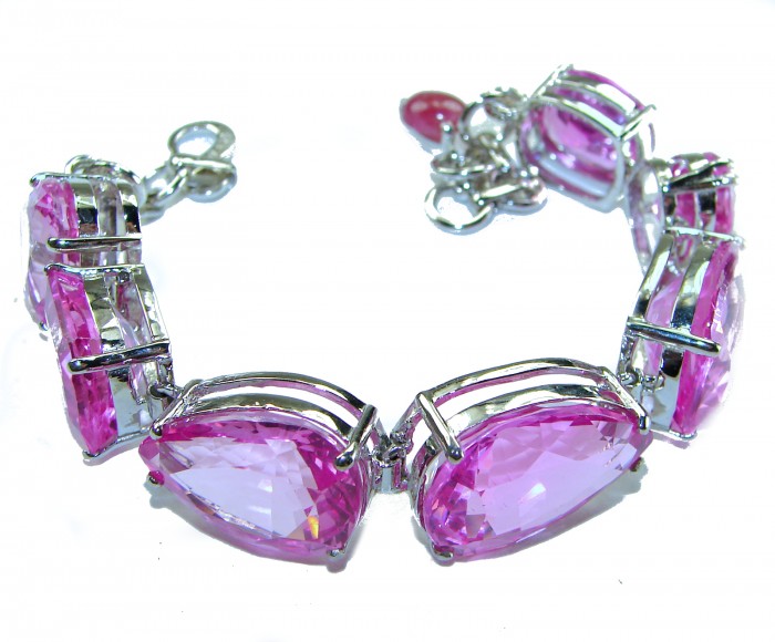 Tiffany - Magnificent Pink 125.5 carat Pink Sapphire .925 Sterling Silver handcrafted Heavy Bracelet - Pink Sapphire Bracelet, top view, showcasing stones and silver setting