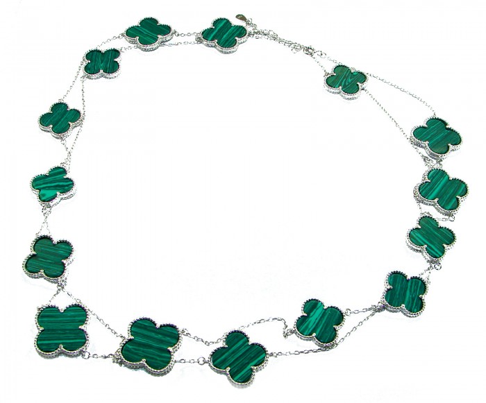 44 inches Outstanding authentic inlay Malachite Lucky Four Leaf Clover .925 Sterling Silver necklace - Elegant 44" malachite clover necklace, flat lay view.