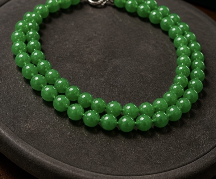 One of the kind Green Jade Sterling Silver necklace - Green Jade Sterling Silver necklace on dark surface, top view