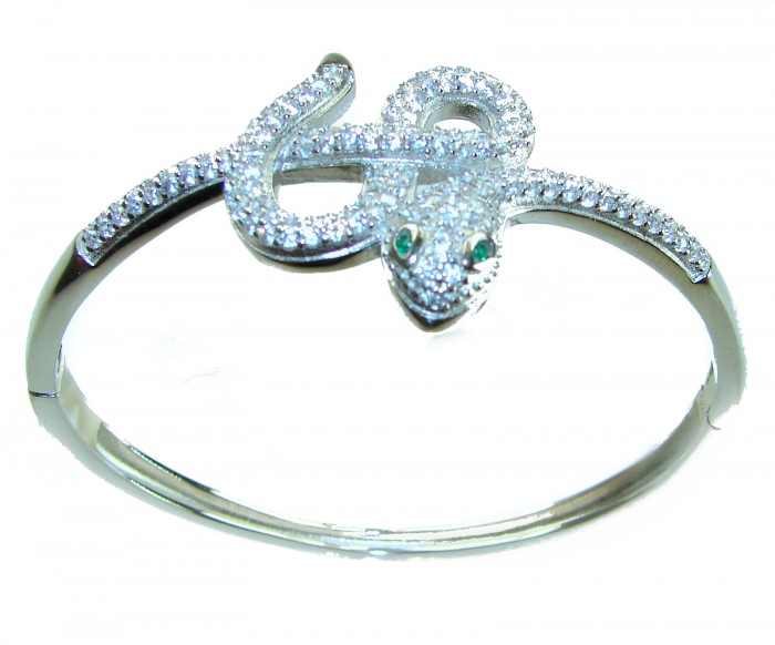 Precious Snake Genuine Emerald Sapphire .925 Sterling Silver handcrafted Bracelet - Snake bracelet with emerald eyes, top view, sterling silver with sapphires.