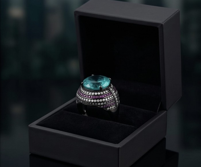 Carmen Authentic 12.4 carat Aquamarine black rhodium .925 Sterling Silver brilliantly handcrafted large Statement Ring size 8 - Aquamarine ring in box, top angle highlighting stone and intricate detail.