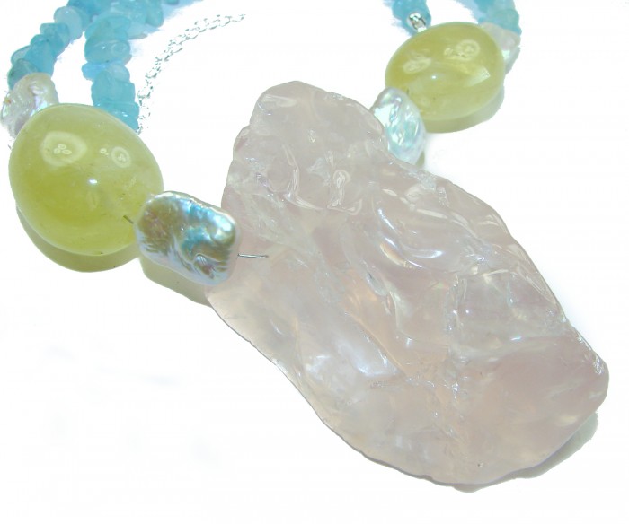 Bochic style Outstanding 288.8 carat Brazilian Rose Quartz .925 Sterling Silver handcrafted Statement necklace; 190.8 grams - Close-up of Brazilian Rose Quartz necklace with mixed stones.