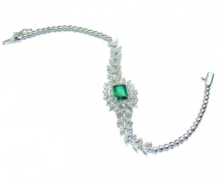 Giovanna - Authentic 15.9 carat Emerlad .925 Sterling Silver handcrafted Statement bracelet - Top view of bracelet with emerald and diamond accents.