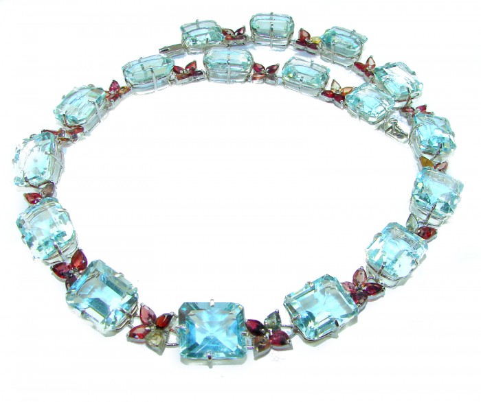 Giovanna Authentic 212.2 carat Aquamarine Watermelon Tourmaline .925 Sterling Silver handmade necklace - Aquamarine and tourmaline necklace, top view.