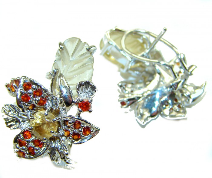 Vivien Luxurious Style Natural carved Citrine Granet .925 Sterling Silver handmade earrings - Floral earrings, stone detail, citrine and garnet with silver setting.