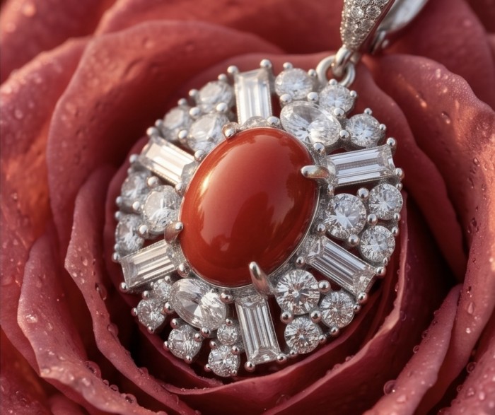 Elizabeth Natural Fossilized Coral 11.8 carat Moissanite .925 Sterling Silver handcrafted earrings - Close-up of Elizabeth Natural Fossilized Coral pendant on a pink rose