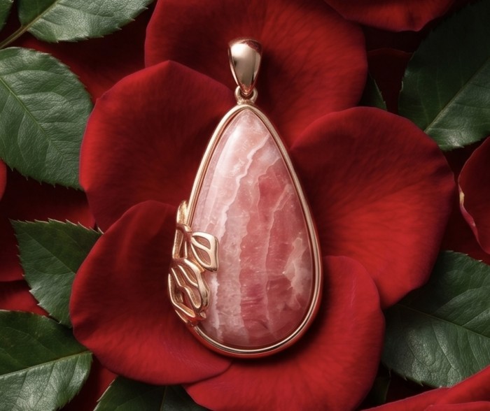 Argentinian Rhodochrosite handmade Pendant in Vermeil 18K Rose Gold Over .925 Sterling Silver - Argentinian Rhodochrosite pendant on rose petals, top view.