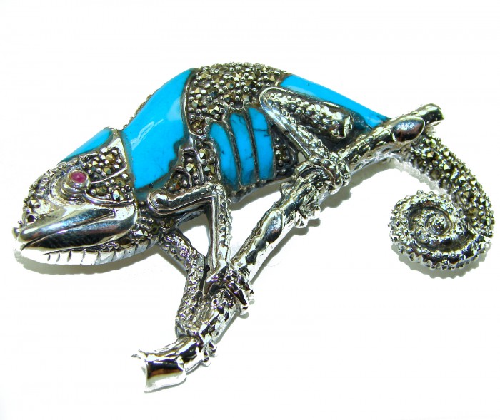 Spectacular Big Chameleon Lizard inlay Turquoise .925 Sterling Silver handmade Brooch - Side view of chameleon brooch with turquoise and gemstone details.