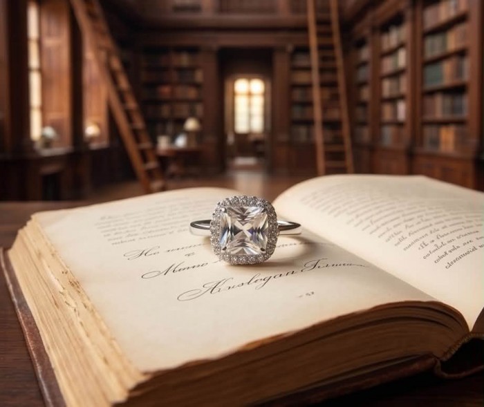 Classic Beauty 10.5 carat White Topaz .925 Sterling Silver Statement ring size 7 - White topaz ring on open book in library setting, stone close-up.