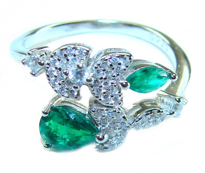 Gabriella - Luxurious 3.6 carat Emerald .925 Sterling Silver handcrafted Cocktail Ring s. 7 1/4 - Close-up of emerald and diamond butterfly ring in sterling silver.