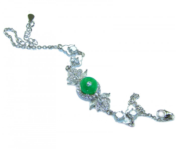 Art Deco - 4.8 carat Jade enamel .925 Sterling Silver handmade Statement Bracelet - Top view of Art Deco jade and sterling silver bracelet.