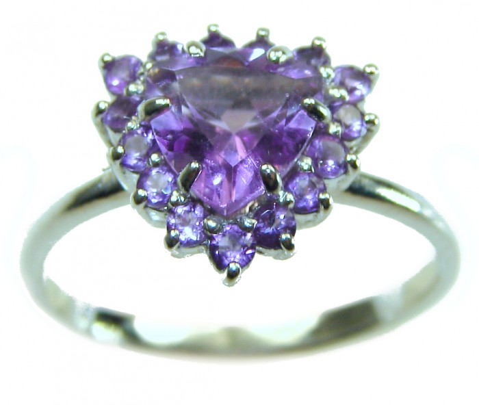 Purple Queen trillion cut 8.2 carat Amethyst .925 Sterling Silver Handcrafted Ring size 9 - Close-up of Purple Queen amethyst ring in sterling silver.