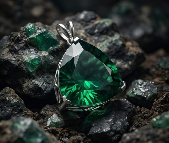 Trillion Cut Perfect 42.2 carat Volcanic Helenite .925 Sterling Silver handcrafted Pendant - Trillion cut 42.2 carat volcanic Helenite pendant on rocky background