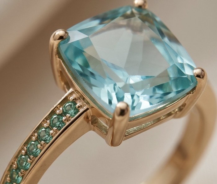 Ginevra Authentic 7.6 carat AQUAMARINE .925 Sterling Silver dipped in 18K Gold handcrafted Ring size 8 1/4 - Close-up of aquamarine ring with detailed view of side stones.