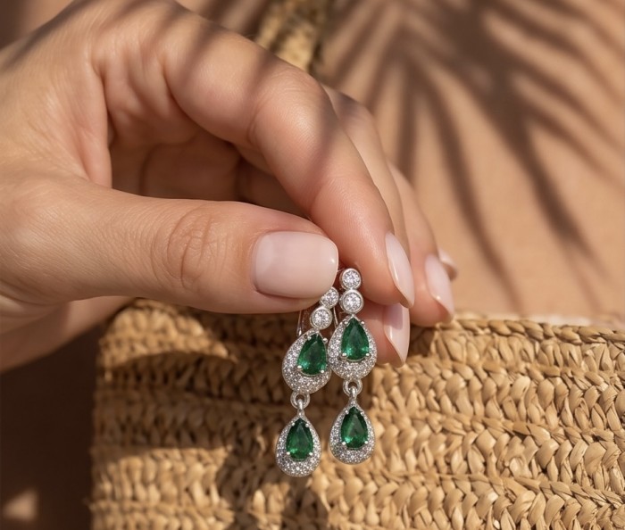 Isabella 2.5 carat emerald cut Colombian Emerald .925 Sterling Silver Perfectly handcrafted earrings - Close-up of hand holding Isabella emerald drop earrings in sunlight