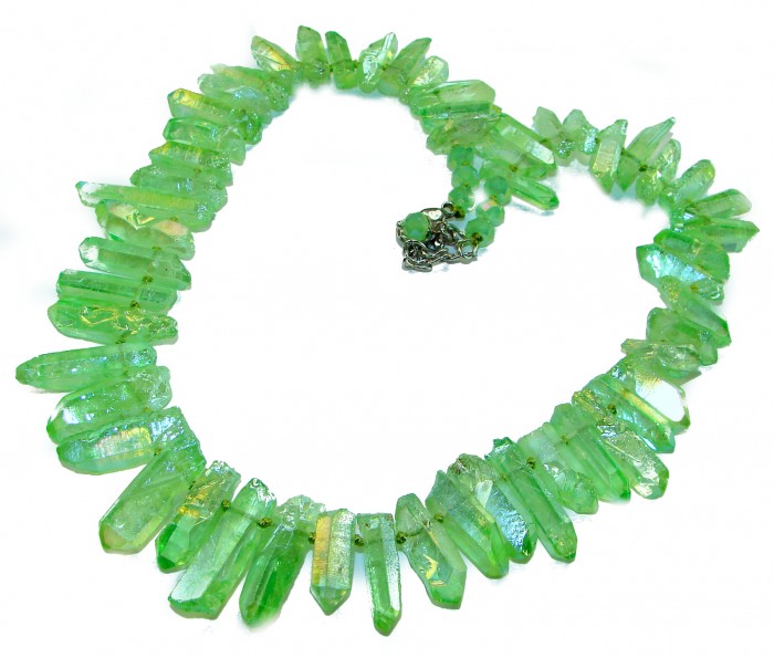 Mint-Green Halite Crystal Cluster .925 Sterling Silver handmade Necklace - Mint-Green Halite Crystal Necklace side view with clasp shown.