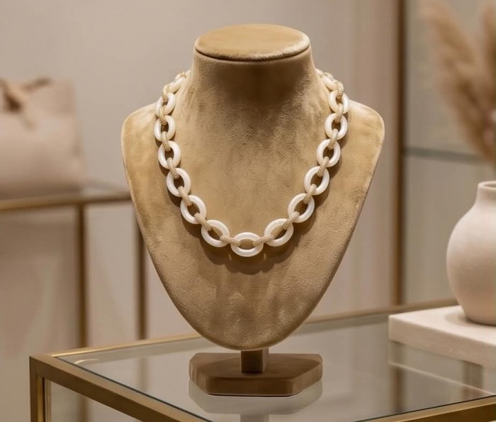 Rainbow Cascade Precious natural Blister Pearl 18K Gold over .925 Sterling Silver Necklace; 58.5 grams - Necklace on display stand; front view; linked pearl and gold design.