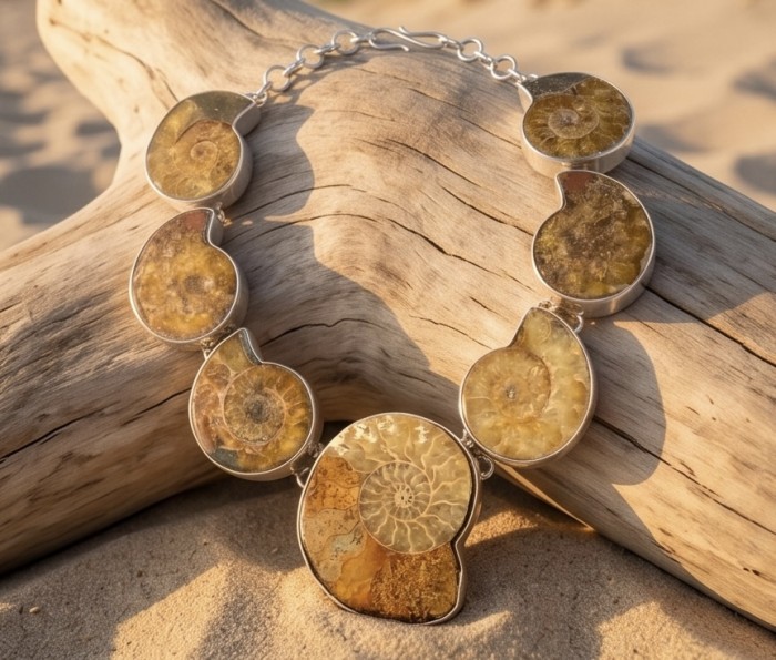 Large 155.2g Aura Of Beauty genuine Ammonite from dinosaurs Era .925 Sterling Silver handcrafted Necklace - Front view of Ammonite necklace on driftwood background.