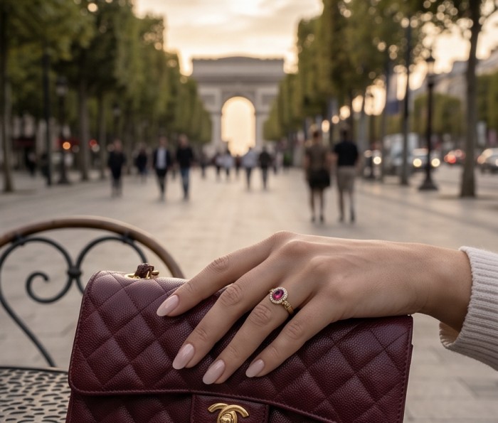 Leonor - Incredible 3.8 carat Mozambique Garnet .925 Sterling Silver dipped in 18K Gold brilliantly handcrafted Statement Ring size 7 - Hand wearing Leonor ring with garnet, purse, and Paris in background.