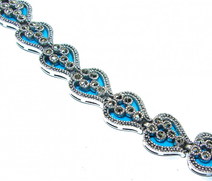 Fantastic inlay Turquoise Marcasite .925 Silver handmade double-sided Bracelet - Turquoise Marcasite silver bracelet close-up, showing intricate design.