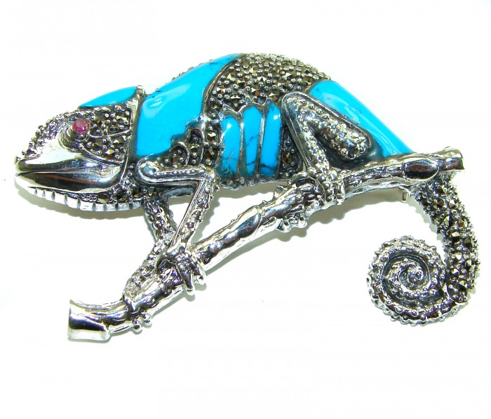 Spectacular Big Chameleon Lizard inlay Turquoise .925 Sterling Silver handmade Brooch - Side view of chameleon brooch with turquoise inlay and sterling silver