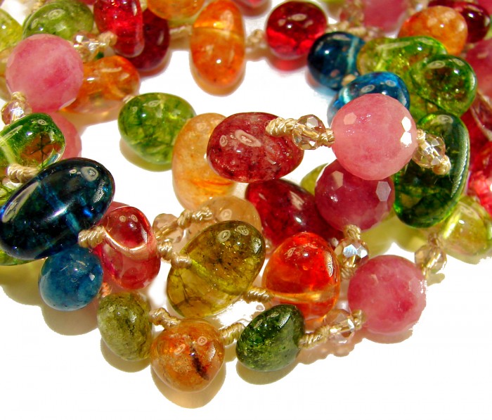 Infinity authentic 114.5 carat Brazilian Tourmaline .925 Sterling Silver handcrafted necklace - Close-up of colorful Brazilian tourmaline gemstone necklace.