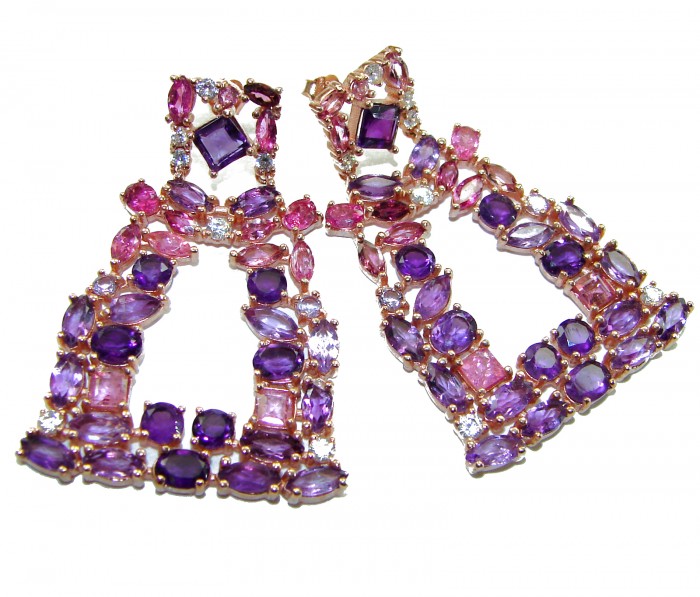 Esmeralda Natural 8.6 carat fancy Amethyst Kunzite 18K Rose Gold over .925 Sterling Silver handmade earrings - Close-up of Esmeralda Natural Amethyst Kunzite earrings in 18K Rose Gold.