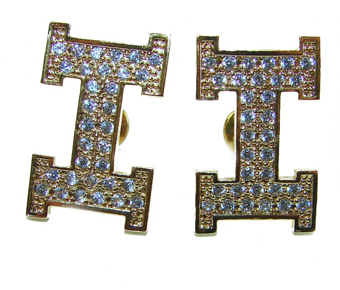 LETTER I White Sapphire 18K Gold over .925 Sterling Silver handcrafted Earrings - Front view of LETTER I earrings, white sapphires in 18K gold over silver.