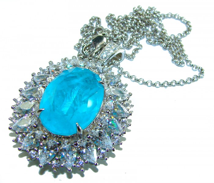 A Wild Ocean genuine 19.2 carat Paraiba Tourmaline .925 Sterling Silver handmade Statement necklace - Close-up of 19.2 carat Paraiba Tourmaline necklace with silver chain