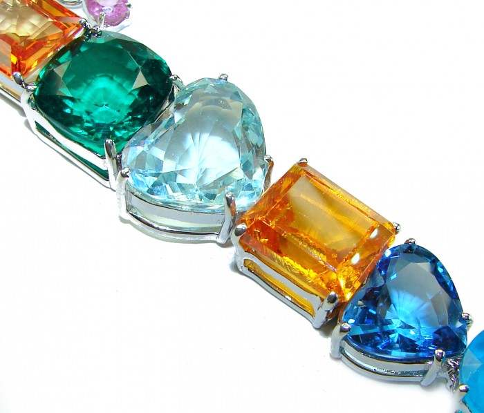 Tutti Frutti 55.5 CARAT multi-colored Topaz .925 Sterling Silver brilliantly handcrafted Bracelet - Close-up of Tutti Frutti topaz stones set in .925 sterling silver.