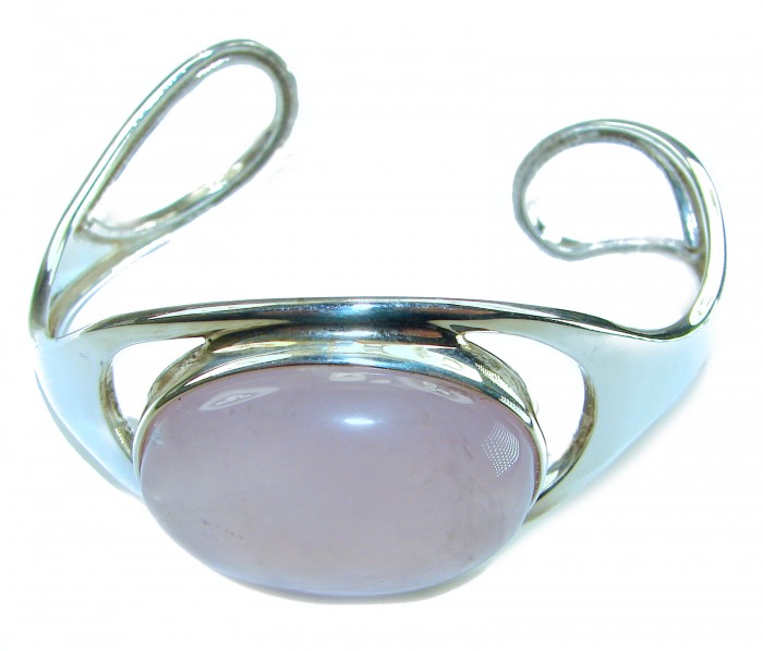 Genuine 51.5 carat Brazilian Rose Quartz .925 Sterling Silver handcrafted Bracelet / Cuff - Front view of sterling silver bracelet with rose quartz stone.