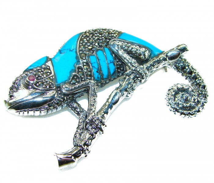 Spectacular Big Chameleon Lizard inlay Turquoise .925 Sterling Silver handmade Brooch - Side view of chameleon lizard brooch with turquoise inlay and silver detailing