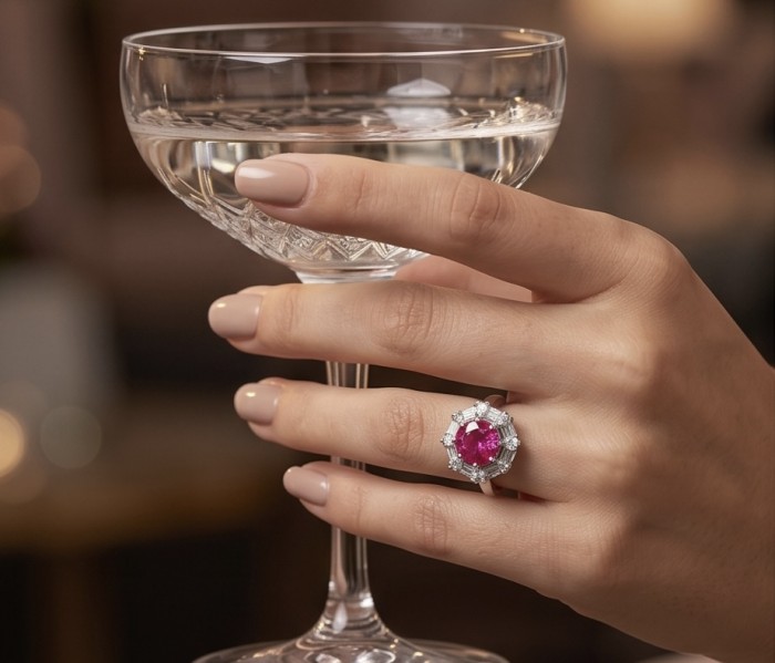 Art Deco - Emily 4.8 carat Brazilian Pink Topaz .925 Sterling Silver Handcrafted Statement Ring size 8 - Worn on hand, pink topaz ring with halo setting holding glass.