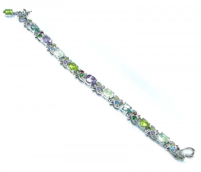 Perfect Fusion Natural Gemstones 39.5 carat Multigems .925 Sterling Silver handcrafted Statement Bracelet - Top view of multicolored gemstone bracelet with clasp visible