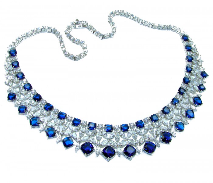 Gabriella 72.2 carat authentic Sapphire rhodium over .925 Sterling Silver handcrafted Statement necklace - Necklace front view with sapphires and diamonds on silver chain.