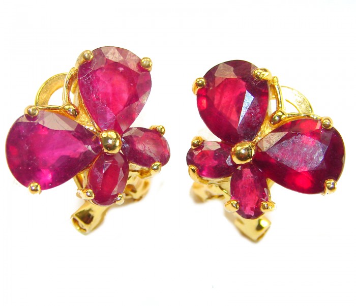 Butterflies - Authentic 12.9 carat Ruby 18K Gold over .925 Sterling Silver handcrafted earrings - Gold and ruby butterfly earrings, front view close-up.