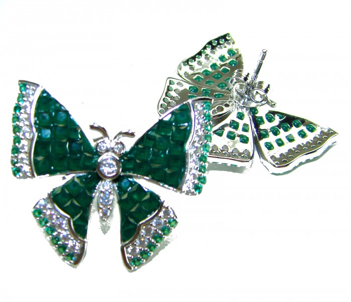 Incredible green Butterflies genuine 11.5 CARAT Emerald .925 Sterling Silver handcrafted Earrings - Butterfly earrings with green emeralds and front view detail.
