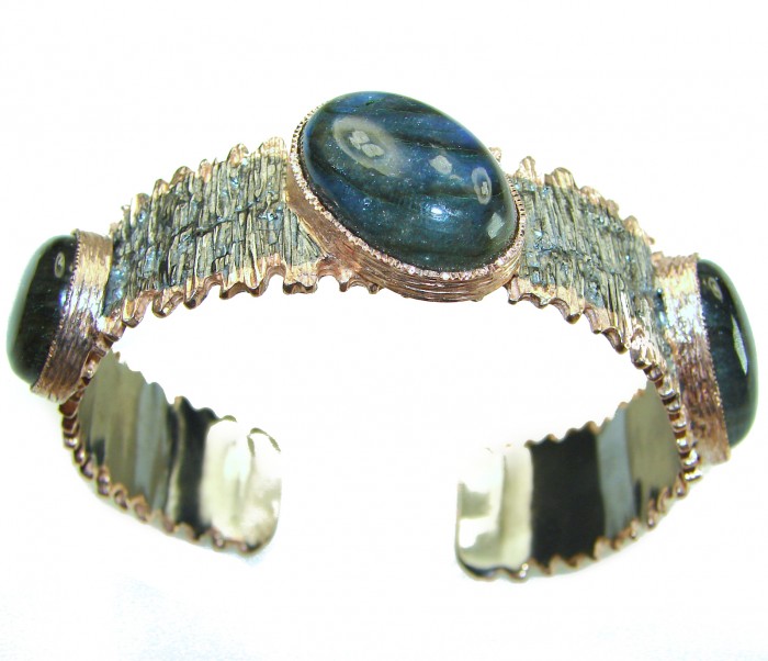 Authentic Silky Labradorite 18K Gold Rhodium over .925 Sterling Silver handmade Bracelet / Cuff - Side view of Labradorite bracelet with textured gold rhodium finish