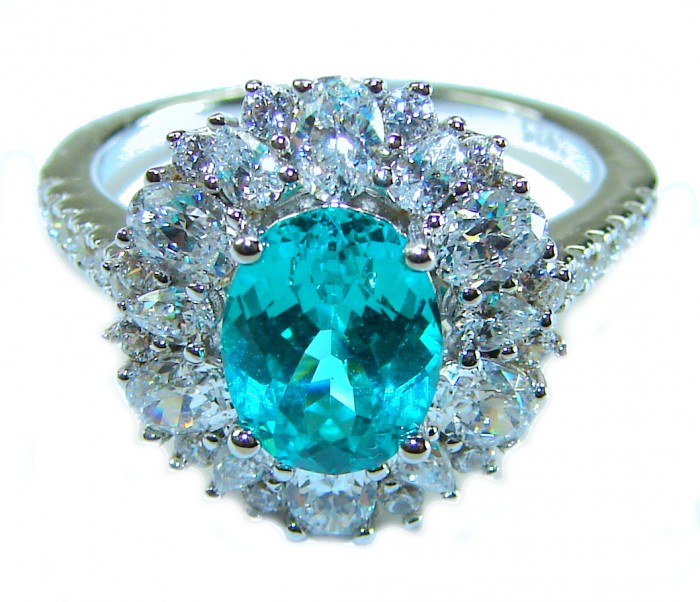 Eau Pure 3.5 carat Paraiba Tourmaline .925 Sterling Silver Handcrafted Ring size 8 1/4 - Close-up of Eau Pure 3.5 ct Paraiba Tourmaline ring in sterling silver