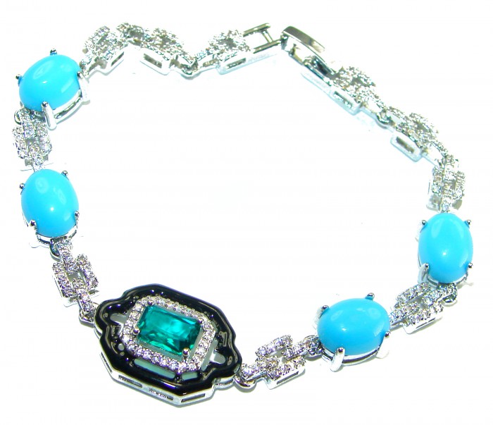 Art Deco - authentic 6.2 carat Chrome Diopside Turquoise .925 Sterling Silver handcrafted Bracelet - Art Deco necklace with turquoise and chrome diopside, overhead view