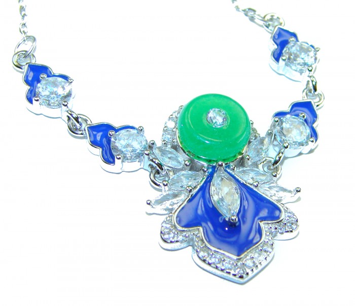 Art Deco - 5.8 carat Jade coral lapis lazuli enamel .925 Sterling Silver handmade Necklace - Close-up of Art Deco jade, lapis, and enamel necklace detail.