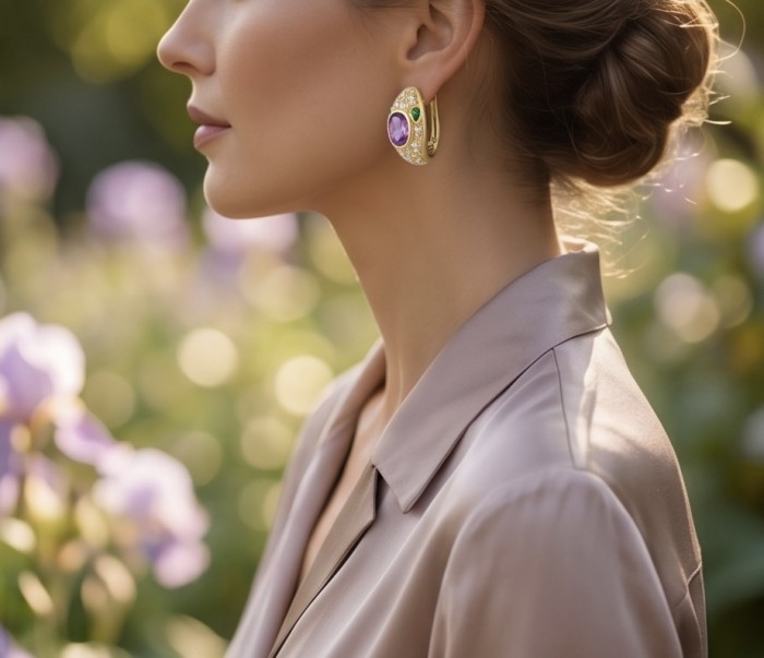 Seducer - Cobra 4.8 carat Amethyst 22K Gold over .925 Sterling Silver handcrafted earrings - Side view of woman wearing Seducer Cobra Amethyst earrings in garden.