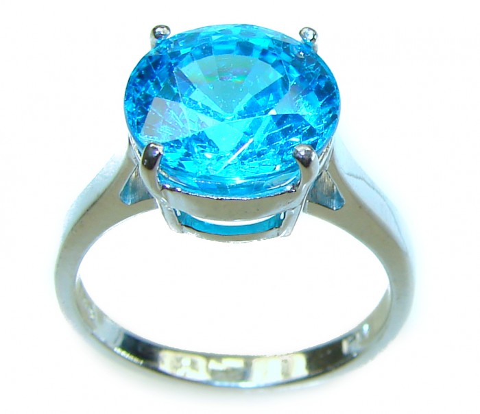 6.5 carat Fancy round cut Swiss Blue Topaz .925 Sterling Silver handmade Ring size 7 3/4 - photo 3