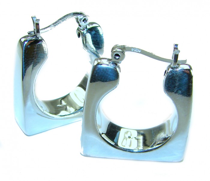 LARGE - EXTRAVAGANZA - Highly Polished Fancy .925 Sterling Silver Italy made Earrings - Square silver hoop earrings, side angle, highly polished finish