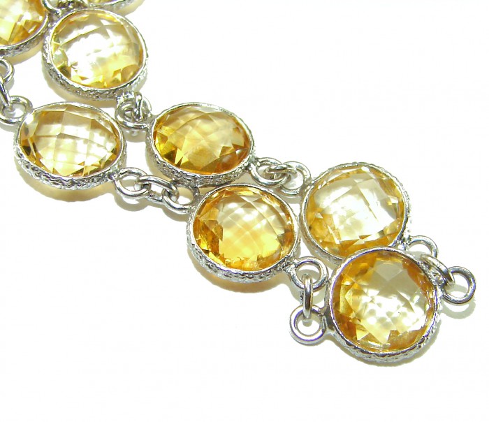 Victoria Authentic 27.2 carat Brazilian Citrine .925 Sterling Silver brilliantly dipped in real rhodium handcrafted Statement Bracelet - Close-up of Brazilian citrine stones set in sterling silver links.