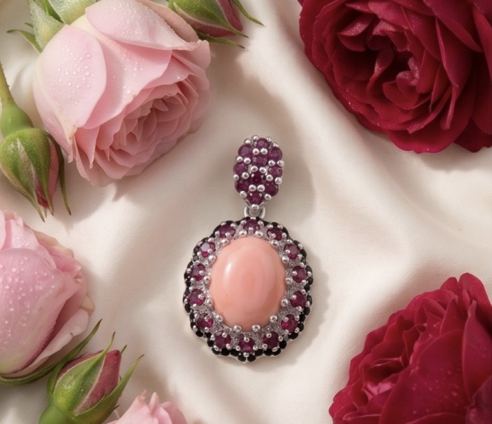 Spectacular 5.2 carat Australian Pink Opal .925 Sterling Silver handmade Pendant - Pink opal pendant on satin surrounded by dewy roses, front view.