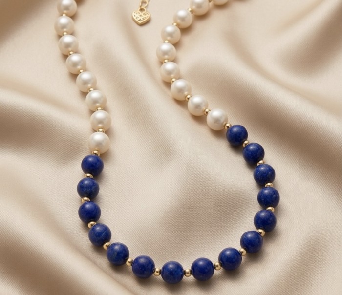 Boho Style Lapis Lazuli Pearl 10K Gold over .925 Sterling Silver handmade necklace - Necklace on satin, close-up of lapis lazuli and pearl beads with gold accents.