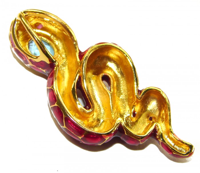 INCREDIBLE Natural Ruby Enamel Snake 14K Gold over .925 Sterling Silver Pendant - Close-up of ruby enamel snake jewelry, gold interior detail shown.