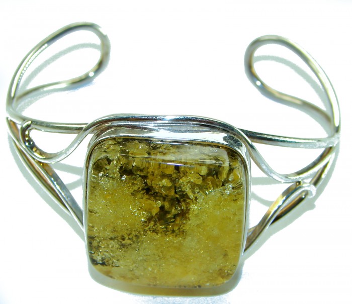 Vintage Design Genuine Polish Amber .925 Sterling Silver handmade Bracelet / Cuff - Front view of vintage design amber sterling silver bracelet.