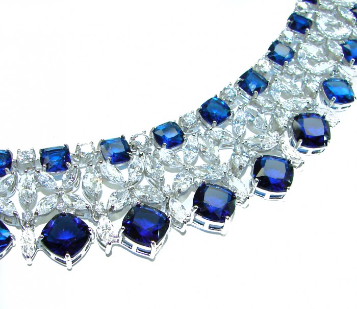 Gabriella 72.2 carat authentic Sapphire rhodium over .925 Sterling Silver handcrafted Statement necklace - Close-up of Gabriella sapphire necklace with intricate silver detailing